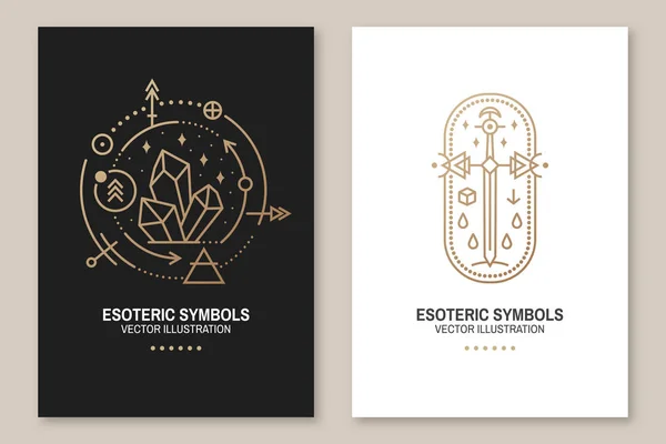 Símbolos esotéricos dourados. Vector. Emblema geométrico fino. Ícone de esboço para alquimia ou geometria sagrada. Design místico e mágico com cristais, sol, estrela, espada velha e lua — Vetor de Stock