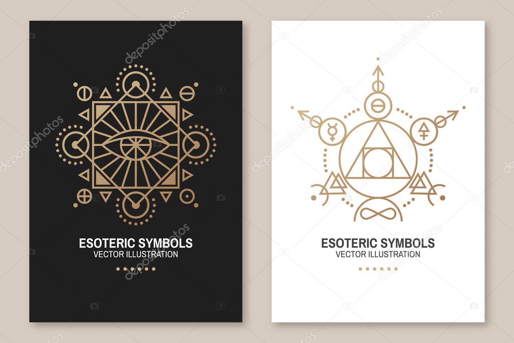 Esoteric symbols. Vector. Thin line geometric badge. Outline icon for alchemy or sacred geometry. Mystic and magic design with philosopher stone, all-seeing eye, stars, planets and moon.