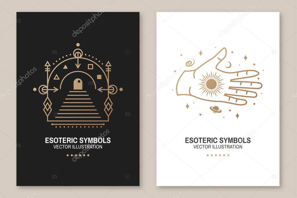 Gold esoteric symbols. Vector. Thin line geometric badge. Outline icon for alchemy or sacred geometry. Mystic, magic design with all-seeing eye, hand, star, gate to another world, moon
