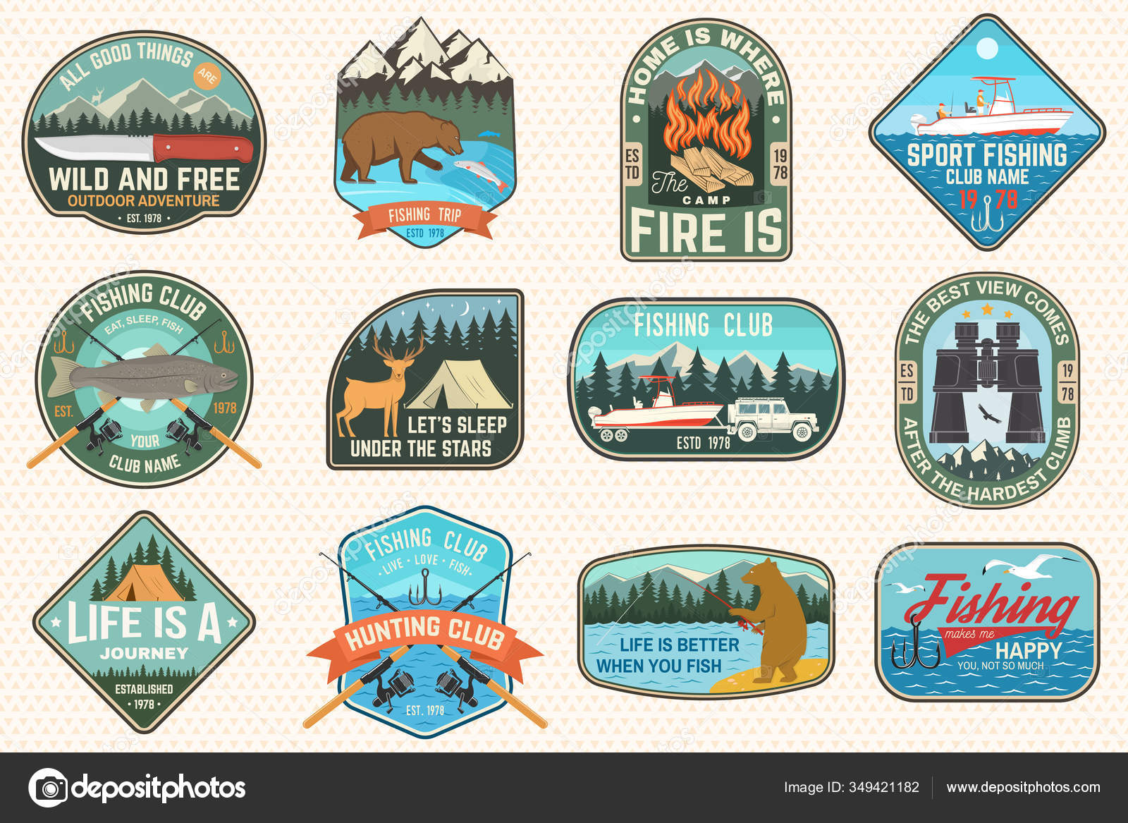 Conjunto de pesca, camping patch. Vector. Conceito para camisa ou logotipo,  impressão, carimbo, T, patch. Design tipográfico vintage com haste de  peixe, pescador, rio, truta arco-íris, urso, silhueta de montanha . Vetor, image size:1600x1167