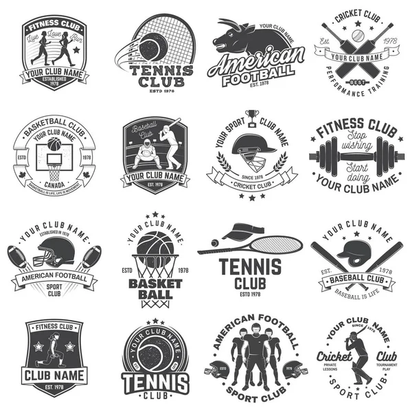 アメリカンフットボール、フィットネス、バスケットボール、クリケット、テニス、野球クラブバッジのセット。シャツ、ロゴ、プリント、スタンプ用ベクトル。スポーツマンプレーヤー、ヘルメット、ボールシルエットとヴィンテージデザイン — ストックベクタ