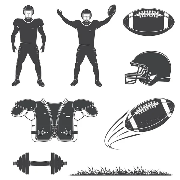 Colección de iconos del fútbol americano. Vector. Conjunto de equipos de fútbol americano incluyen plyer de fútbol, casco, gras, silueta de bola — Vector de stock