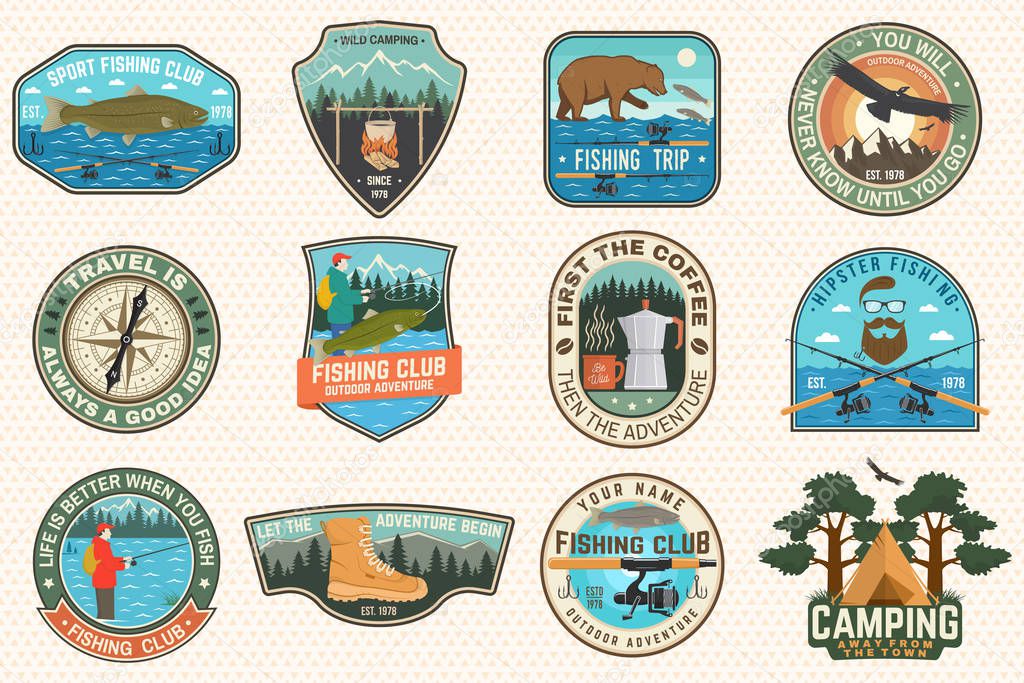 Set of fishing, camping patch. Vector. Concept for shirt or logo, print, stamp, tee, patch. Vintage typography design with fisher, river, rainbow trout, bear, mountain silhouette.