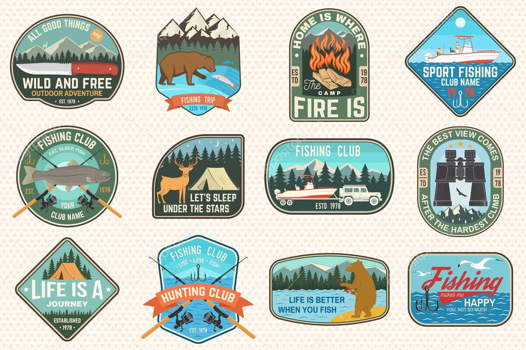 Set of fishing, camping patch. Vector. Concept for shirt or logo, print, stamp, tee, patch. Vintage typography design with fish rod, fisher, river, rainbow trout, bear , mountain silhouette.