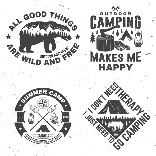 Set of outdoor adventure inspirational quote. Vector. Concept for shirt, logo, print, stamp or tee. Vintage typography design with camper tent, mountain, forest landscape silhouette. — Stock Vector