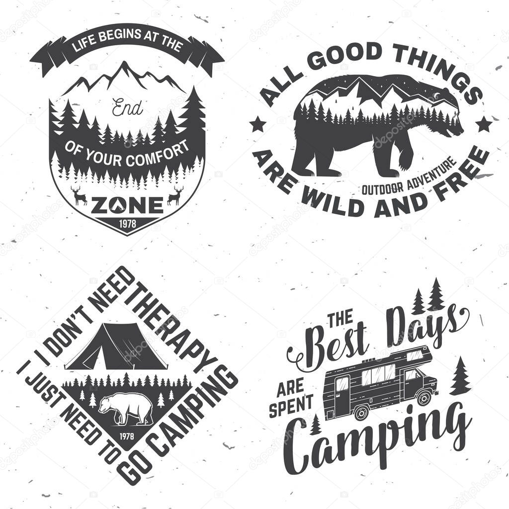 Set of outdoor adventure inspirational quote. Vector. Concept for shirt, logo, print, stamp or tee. Vintage typography design with camper tent, mountain, forest landscape silhouette.