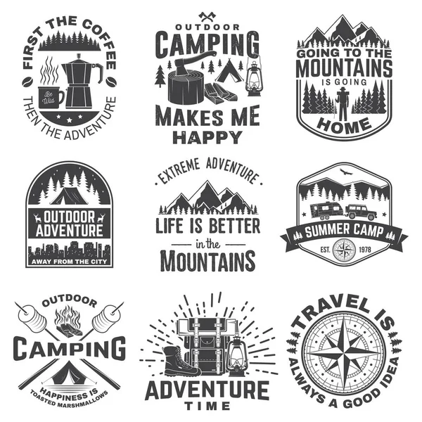 Set of outdoor adventure quotes symbol. Vector illustration. Concept for shirt or logo, print, stamp, tee. Vintage design with marshmallow, axe, mountains, deer, tent, compass and forest silhouette — Stock Vector