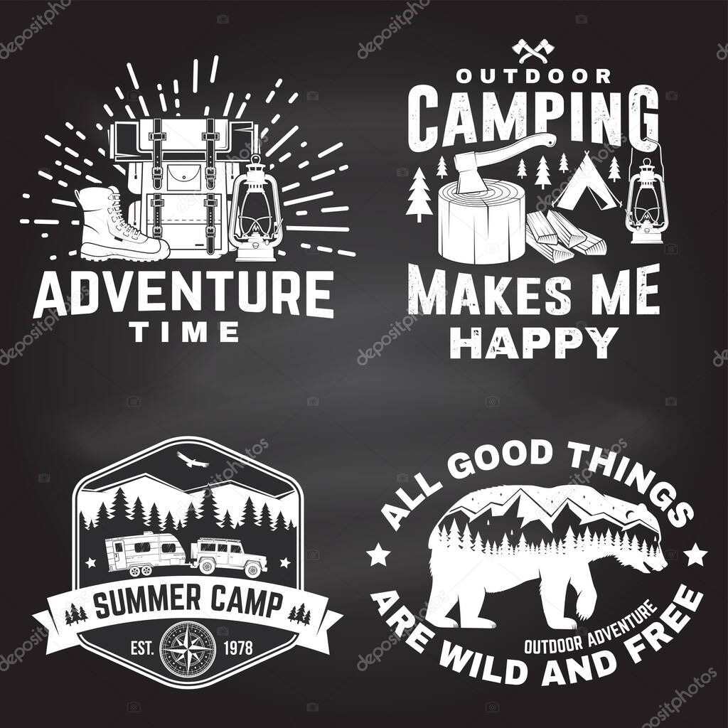 Set of outdoor adventure inspirational quote. Vector illustration. Concept for shirt, logo, print, stamp or tee. Vintage typography design with camper tent, bear, mountain, forest landscape silhouette