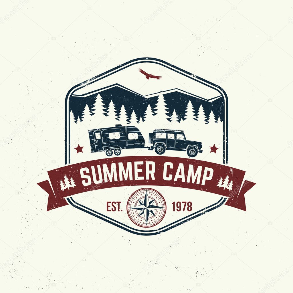 Summer camp. Vector illustration. Concept for shirt or logo, print, stamp or tee. Vintage typography design with camper trailer, forest and mountain silhouette.