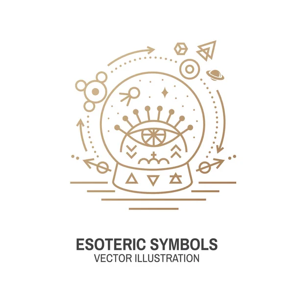 Esoteric symbols. Vector. Thin line geometric badge. Outline icon for alchemy or sacred geometry. Mystic and magic design with glass ball and all-seeing eye. — Stock Vector