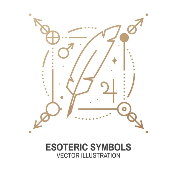 Esoteric symbols. Vector illustration. Thin line geometric badge. Outline icon for alchemy, sacred geometry. Mystic and magic design with feather, stars, planets and moon. — Stock Vector