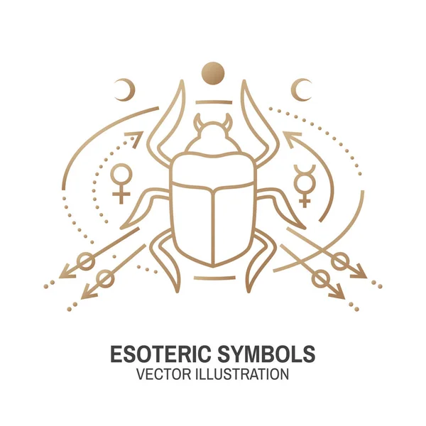 Esoteric symbols. Vector. Thin line geometric badge. Outline icon for alchemy, sacred geometry Mystic and magic design with egyptian scarab beetle, stars,moon, sun, planets and magic sign — Stock Vector