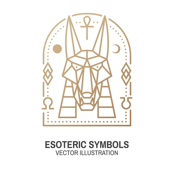 Esoteric symbols. Vector. Thin line geometric badge. Outline icon for alchemy or sacred geometry. Mystic and magic design with egyptian god Anubis, stars,moon, sun, planets and magic sign — Stock Vector