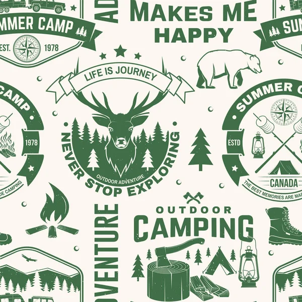 Set of outdoor adventure seamless pattern. Vector. Seamless camping pattern with hiking boots, camping tent, lantern, axe, mountains, bear, deer, forest silhouette. Camping texture — Stock Vector