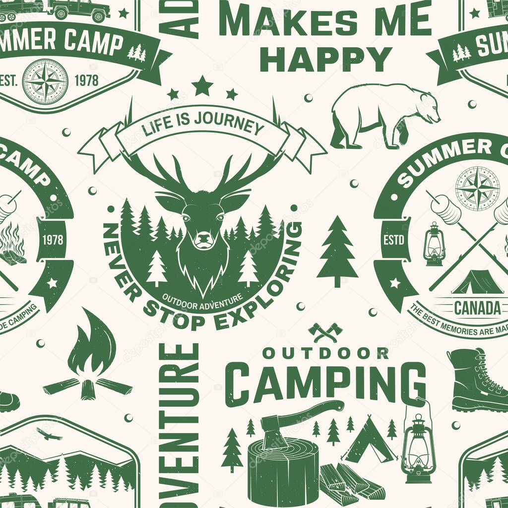 Set of outdoor adventure seamless pattern, background. Vector. Seamless camping pattern with hiking boots, camping tent, lantern, axe, mountains, bear, deer, forest silhouette. Camping texture