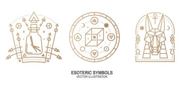 Esrarengiz semboller. İnce çizgili geometrik rozet. Simya için taslak simge, kutsal geometri. Mistik, sihirli tasarım. Kimya matarası, kaz ayağı, Mısır tanrısı Anubis, gerçek dışı geometrik küp.