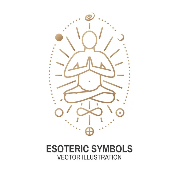 Símbolos esotéricos. Vector. Placa geométrica de línea delgada. Icono del contorno para la alquimia, geometría sagrada. Diseño místico y mágico con ala de murciélago, estrellas, planetas y luna . — Archivo Imágenes Vectoriales