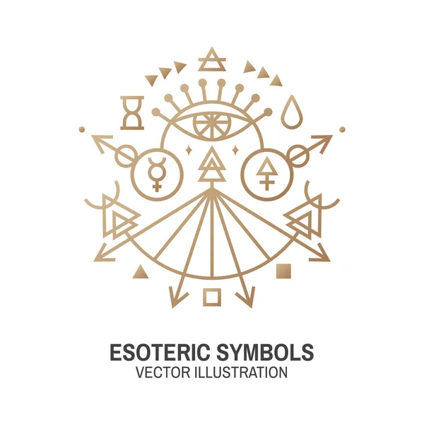 Esoteric symbols. Vector. Thin line geometric badge. Outline icon for alchemy or sacred geometry. Mystic and magic design with all-seeing eye. — Stock Vector