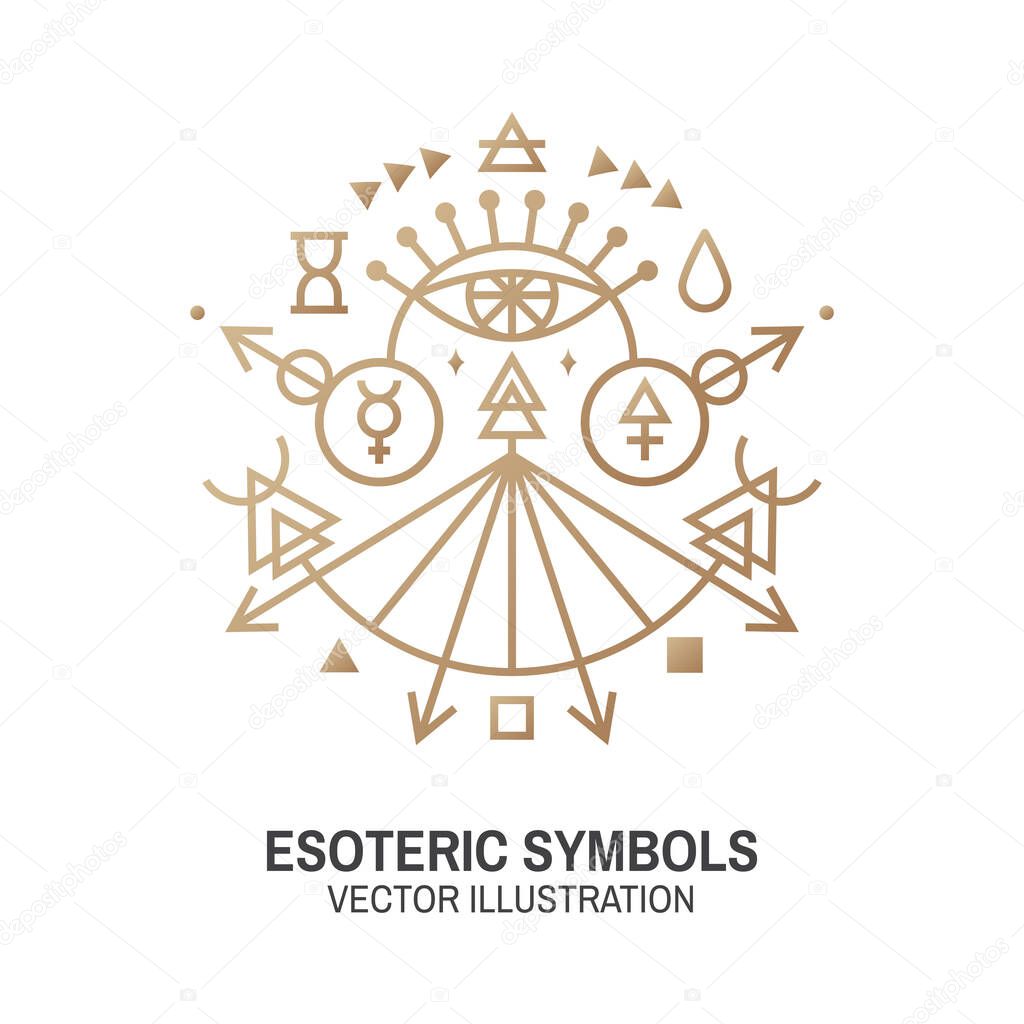 Esoteric symbols. Vector. Thin line geometric badge. Outline icon for alchemy or sacred geometry. Mystic and magic design with all-seeing eye.