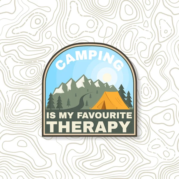 Camping is my favourite therapy patch. Vintage typography design with camping tent, mountain and forest silhouette. Outdoor adventure patch. — Stock Vector