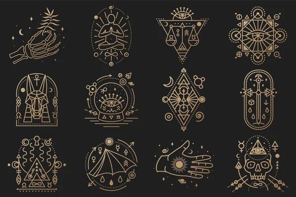 Esoteric symbols. Vector. Thin line geometric badge. Outline icon for alchemy, tarot cards, sacred geometry Mystic, magic design with stars, skull, gate to another world, moon, human skeleton hand — Stock Vector