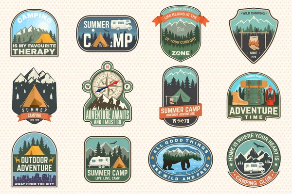 Outdoor adventure patch with quotes. Vector. Concept for shirt, logo, print, stamp or tee. Vintage typography design with hiking boots, elk, bear, tent, forest and mountain landscape silhouette — Stock Vector
