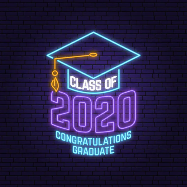 Class of 202 neon bright signboard, light banner. Vector. Neon typography design with graduation cap. Template for the graduation party poster, flyer, lighting banner — Stock Vector