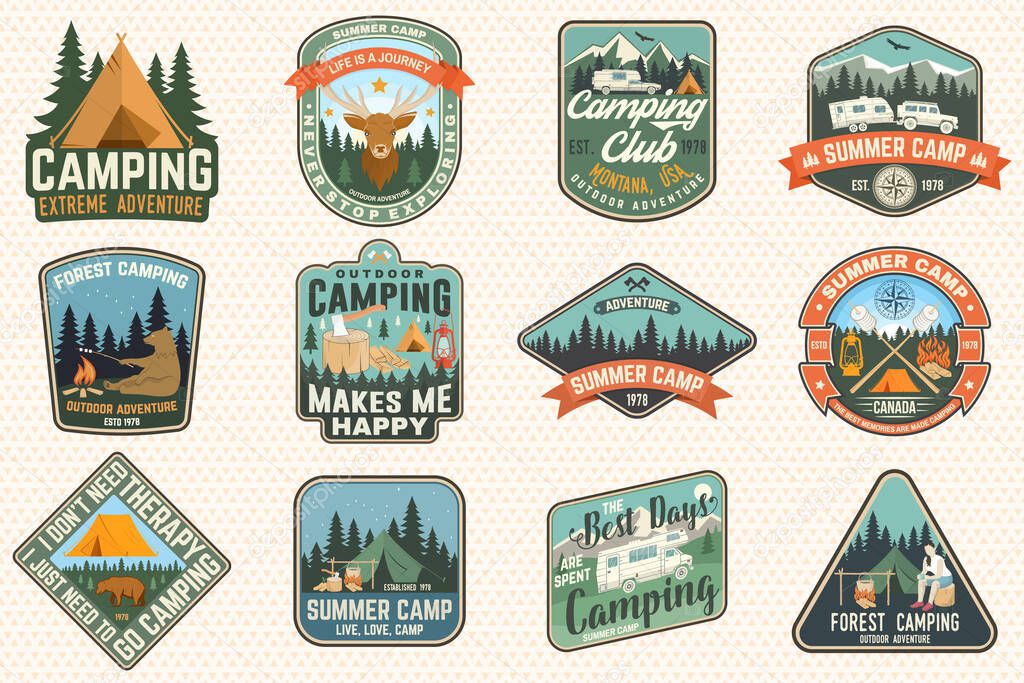 Outdoor adventure patch with quotes. Vector. Concept for shirt or logo, print, stamp, patches. Vintage typography design with camping tent, elk, bear, forest and mountain landscape silhouette