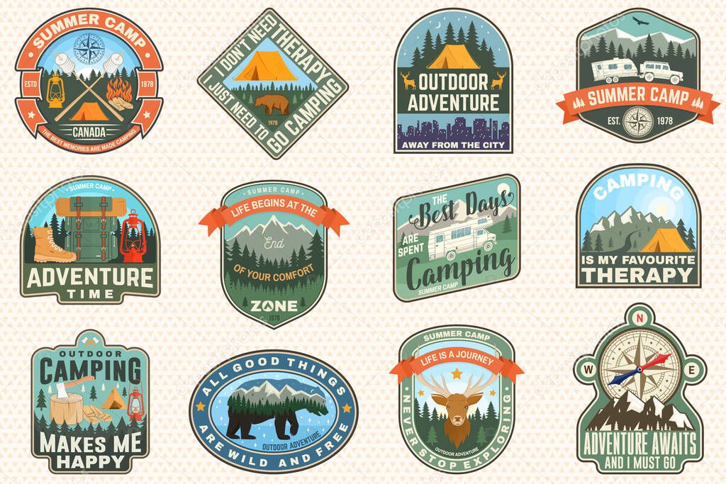 Outdoor adventure patch with quotes. Vector. Concept for shirt, logo, print, stamp or tee. Vintage typography design with hiking boots, elk, bear, tent, forest and mountain landscape silhouette