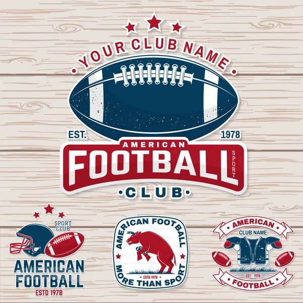 Set von American Football oder Rugby Club Abzeichen. Vektor für Hemd, Logo, Aufnäher. Vintage-Design mit American Football Sportler Spieler, Helm, Ball, Gras und Schulterpolster Silhouette — Stockvektor