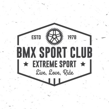 Bmx Ekstrem Spor Kulübü rozeti. Vektör. Gömlek, logo, baskı, pul, çerçeveli tişört, zincir. bmx çerçeveli klasik tipografi tasarımı, sproket silueti.