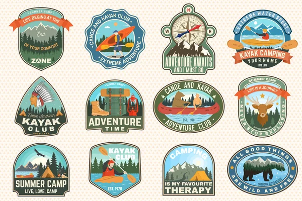 Set of summer camp, canoe and kayak club badges. Vector. Concept for patch. Retro design with camping, mountain, river, american indian and kayaker silhouette. Extreme water sport kayak patches — Stock Vector