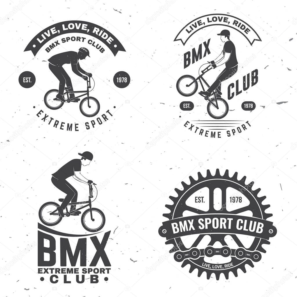 Set of bmx extreme sport club badge. Vector. Concept for shirt, logo, print, stamp, tee with man ride on a sport bicycle. Vintage typography design with bmx cyclist, bmx sprocket and chain silhouette.