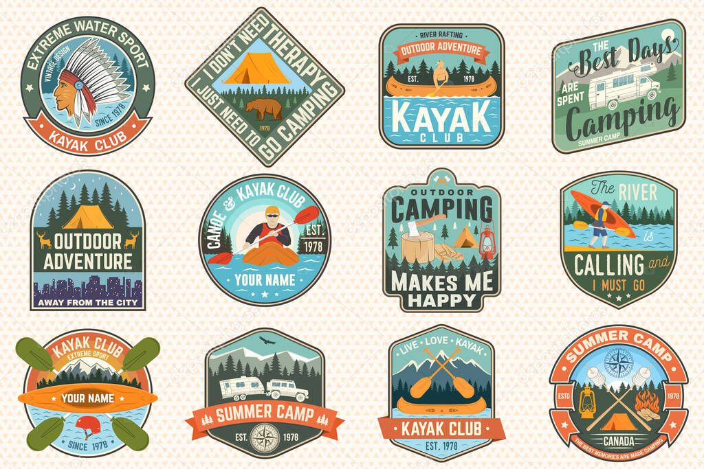 Set of summer camp, canoe and kayak club badges. Vector. Concept for patch. Retro design with camping, mountain, river, american indian and kayaker silhouette. Extreme water sport kayak patches
