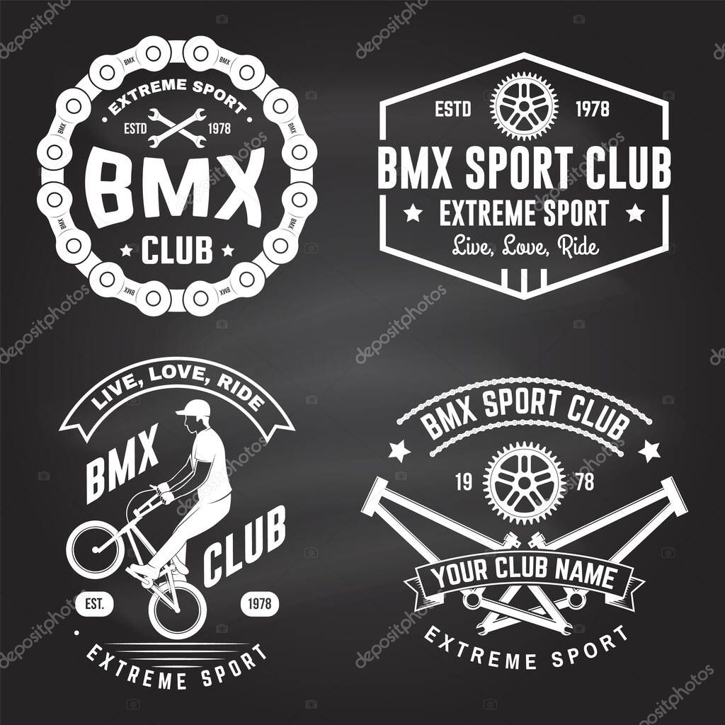 Set of bmx extreme sport club badge on chalkboard. Vector. Concept for shirt, logo with man ride on a sport bicycle. Vintage typography design with bmx cyclist, bmx sprocket and chain silhouette.
