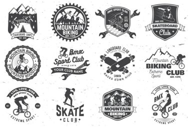 BMX seti, kaykay ve MTB ekstrem spor kulübü rozeti. Vektör. Gömlek, logo, baskı, pul, erkek bisikleti, kaykay ve bmx. Ekstrem spor kulübü rozeti