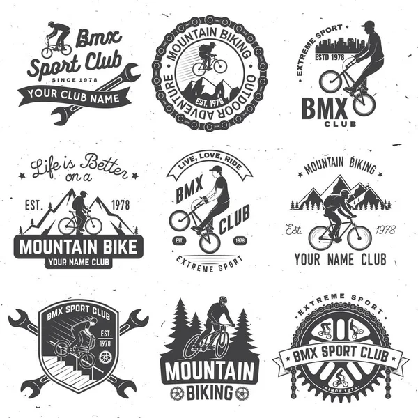 Bmx 、 mtb極端なスポーツクラブバッジのセット。ベクトル。シャツ、ロゴ、プリント、スタンプ、ティーと男性がスポーツ自転車に乗るためのコンセプト。サイクリスト、スプロケット、チェーンシルエットとヴィンテージタイポグラフィのデザイン. — ストックベクタ