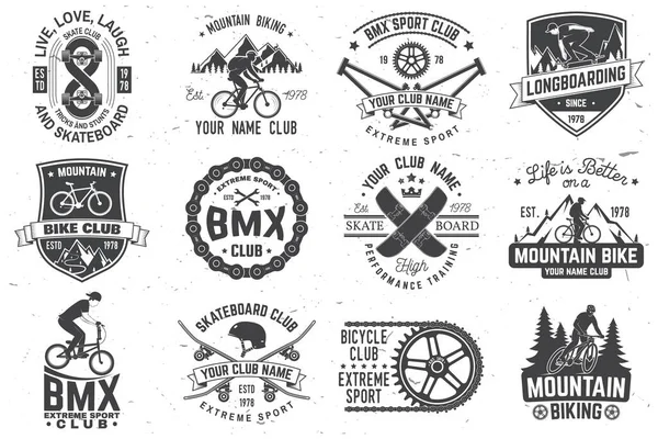 Conjunto de bmx, skate e mtb crachá de clube de esporte extremo. Vector. Conceito para camisa, logotipo, impressão, carimbo, tee com passeio de homem em uma bicicleta esportiva, skate e bmx. Distintivo de clube esporte extremo —  Vetores de Stock