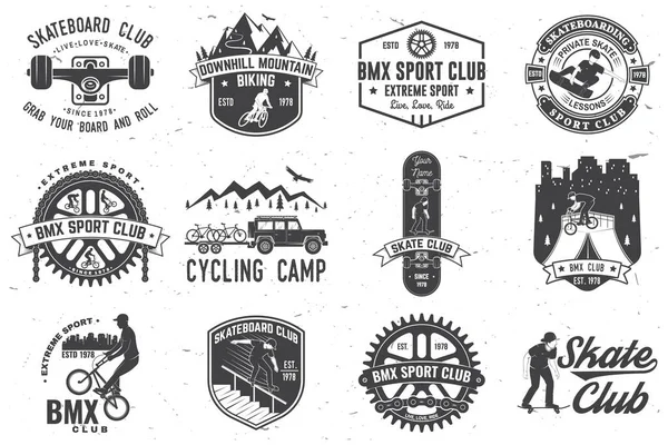 Set of bmx, skateboard and mtb extreme sport club badge. Vector. Concept for shirt, logo, print, stamp, tee with man ride on a sport bicycle, skateboard and bmx. Extreme sport club badge — Stock Vector