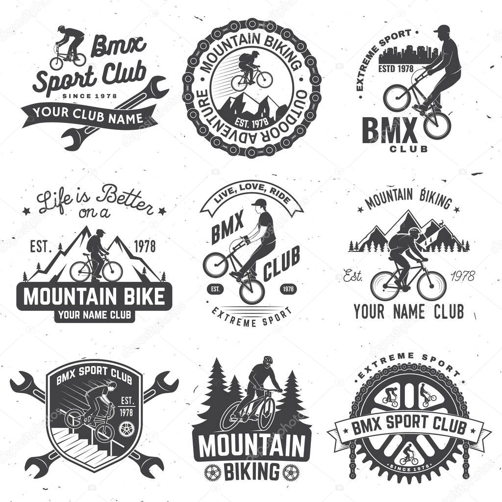 Set of bmx, mtb extreme sport club badge. Vector. Concept for shirt, logo, print, stamp, tee with man ride on a sport bicycle. Vintage typography design with cyclist, sprocket and chain silhouette.