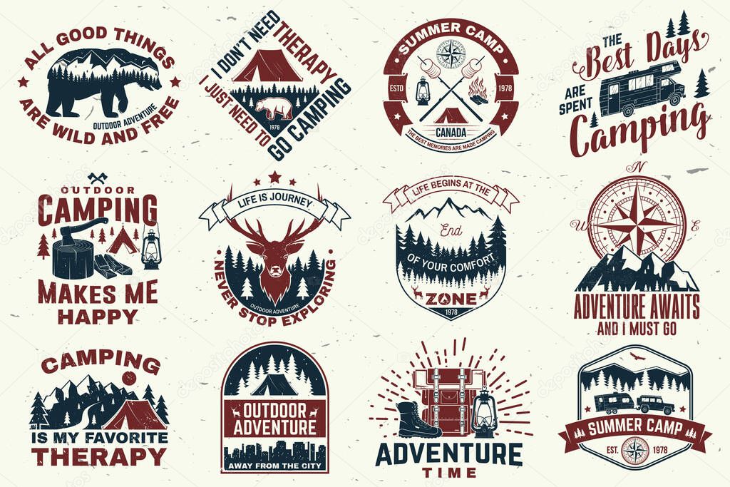 Set of outdoor adventure quotes symbol. Vector. Concept for shirt or logo, print, stamp, tee. Vintage design with hiking boots, camping tent, lantern, axe, mountains, bear, deer, forest silhouette