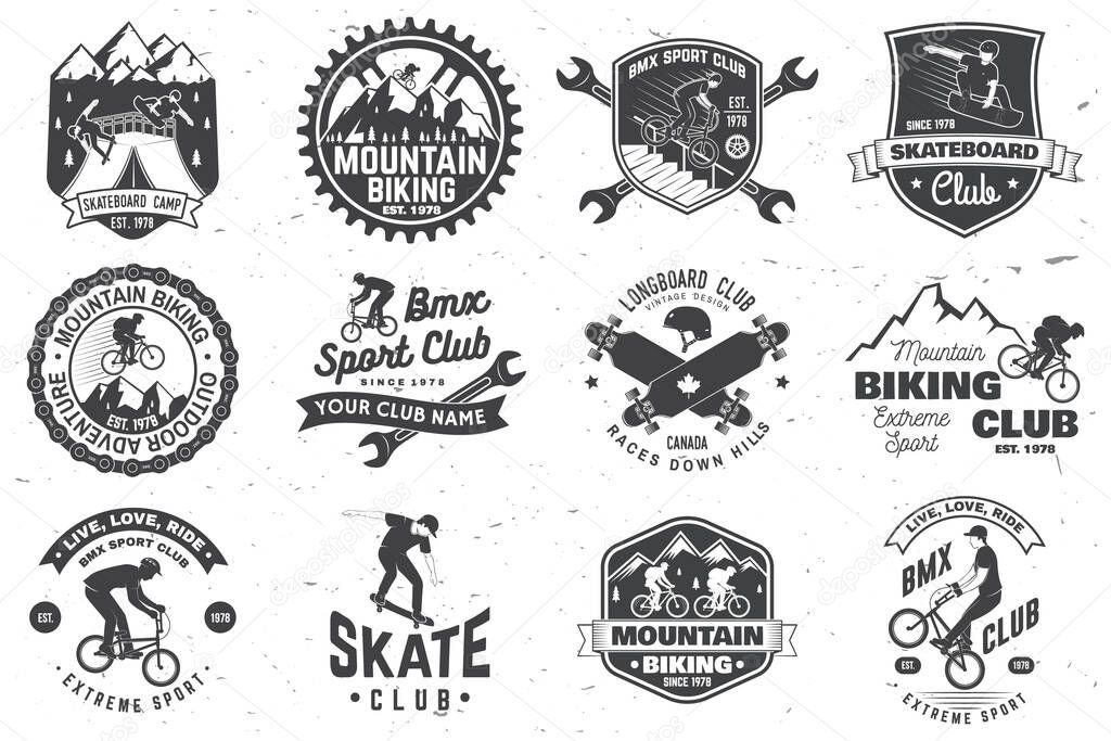 Set of bmx, skateboard and mtb extreme sport club badge. Vector illustration. Concept for shirt, logo, print, stamp, tee with man ride on a sport bicycle, skateboard and bmx. Extreme sport club badge