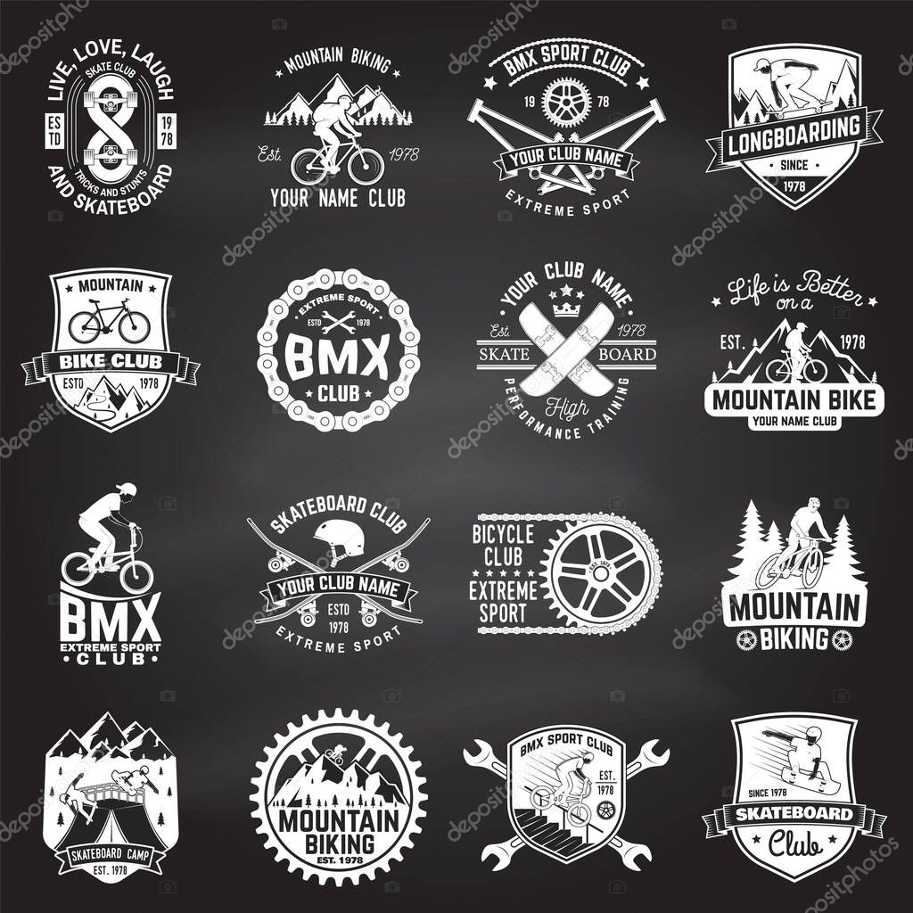Set of bmx, skateboard, mtb extreme sport club badge on chalkboard. Vector . Concept for shirt, logo, print, stamp, tee with man ride on a sport bicycle, skateboard and bmx. Extreme sport club badge