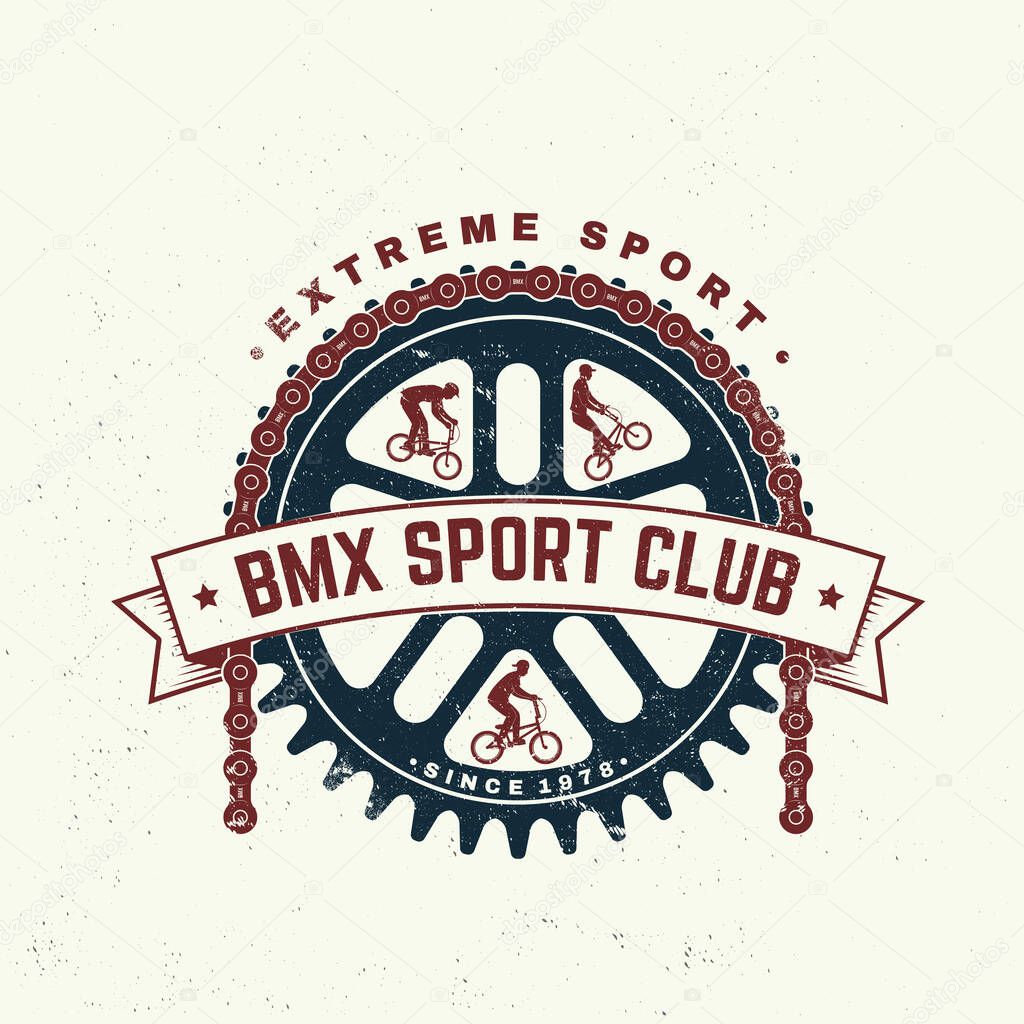 Bmx extreme sport club badge, t-shirt. Vector illustration. Concept for shirt, logo, print, stamp, tee with sprocket, chain. Vintage typography design with bmx cyclist, bmx sprocket and chain