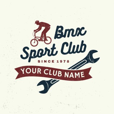 Bmx Ekstrem Spor Kulübü rozeti. Vektör. Gömlek, logo, baskı, pul, bisiklete binen adamla golf oynamak. Bmx bisikletçisi ve İngiliz anahtarı silueti ile klasik tipografi tasarımı.