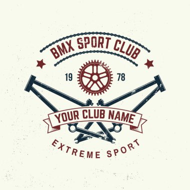 Bmx Ekstrem Spor Kulübü rozeti. Vektör. Gömlek, logo, baskı, pul, çerçeveli tişört, zincir. bmx çerçeveli klasik tipografi tasarımı, sproket silueti.