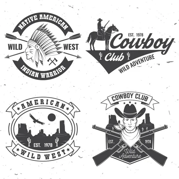 Il distintivo del Cowboy Club. Rodeo al ranch. Vettore. Concetto per camicia, logo, stampa, timbro, tee con cowboy e fucile. Design tipografico vintage con silhouette selvaggia del fucile occidentale e occidentale . — Vettoriale Stock