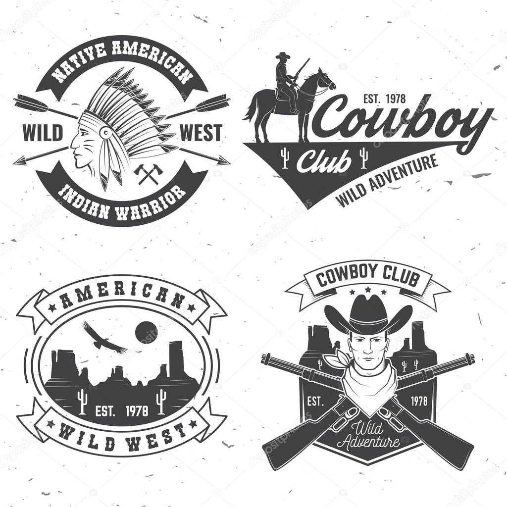 Set of cowboy club badge. Ranch rodeo. Vector illustration. Concept for shirt, logo, print, stamp, tee with cowboy and shotgun. Vintage typography design with wild west and western rifle silhouette.