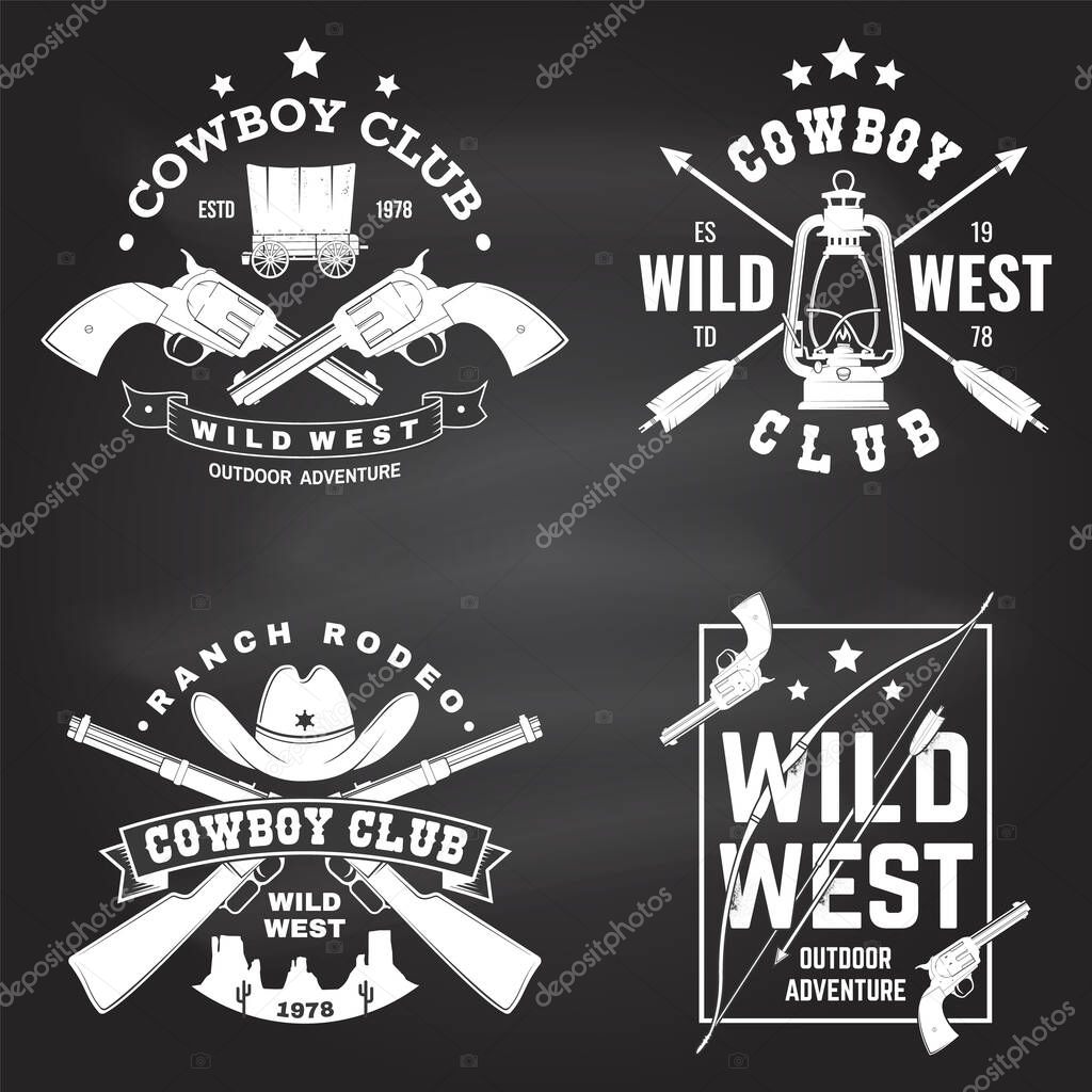 Set of cowboy club badge on chalkboard. Wild west. Vector. Concept for shirt, logo, print, stamp, tee with cowboy and shotgun. Vintage typography design with wild west and western rifle silhouette.
