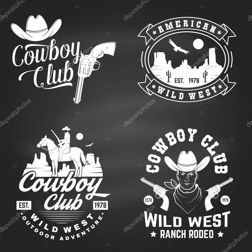 Set of cowboy club badge on chalkboard. Wild west. Vector. Concept for shirt, logo, print, stamp, tee with cowboy and shotgun. Vintage typography design with wild west and western rifle silhouette.